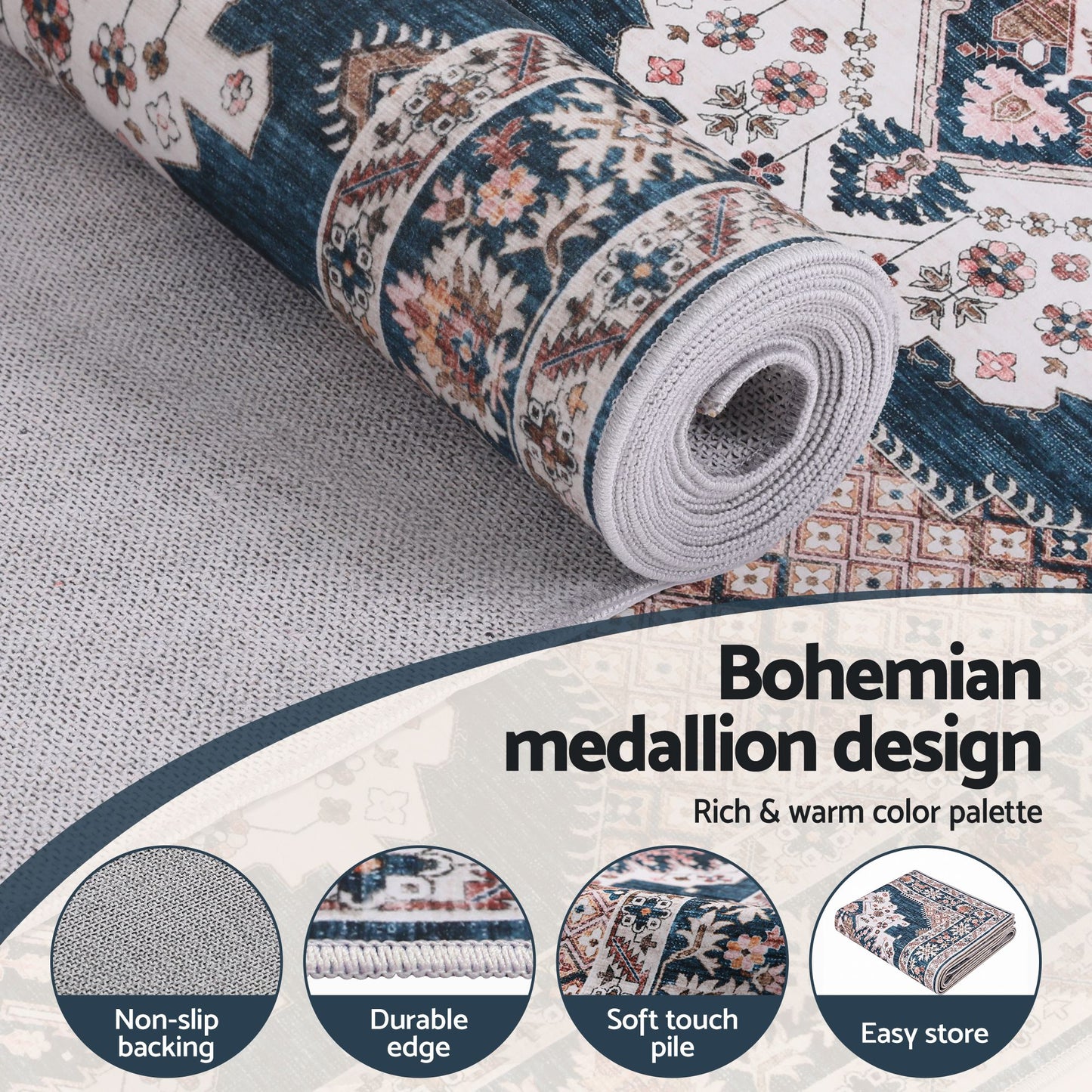 Artiss 60 x 120 cm Washable Runner Area Rug No Hard Glue Quilt-Like Soft for Home Decor, 0.5cm Ultra-Thin Pet Friendly Bohemian Medallion Bedroom Carpet