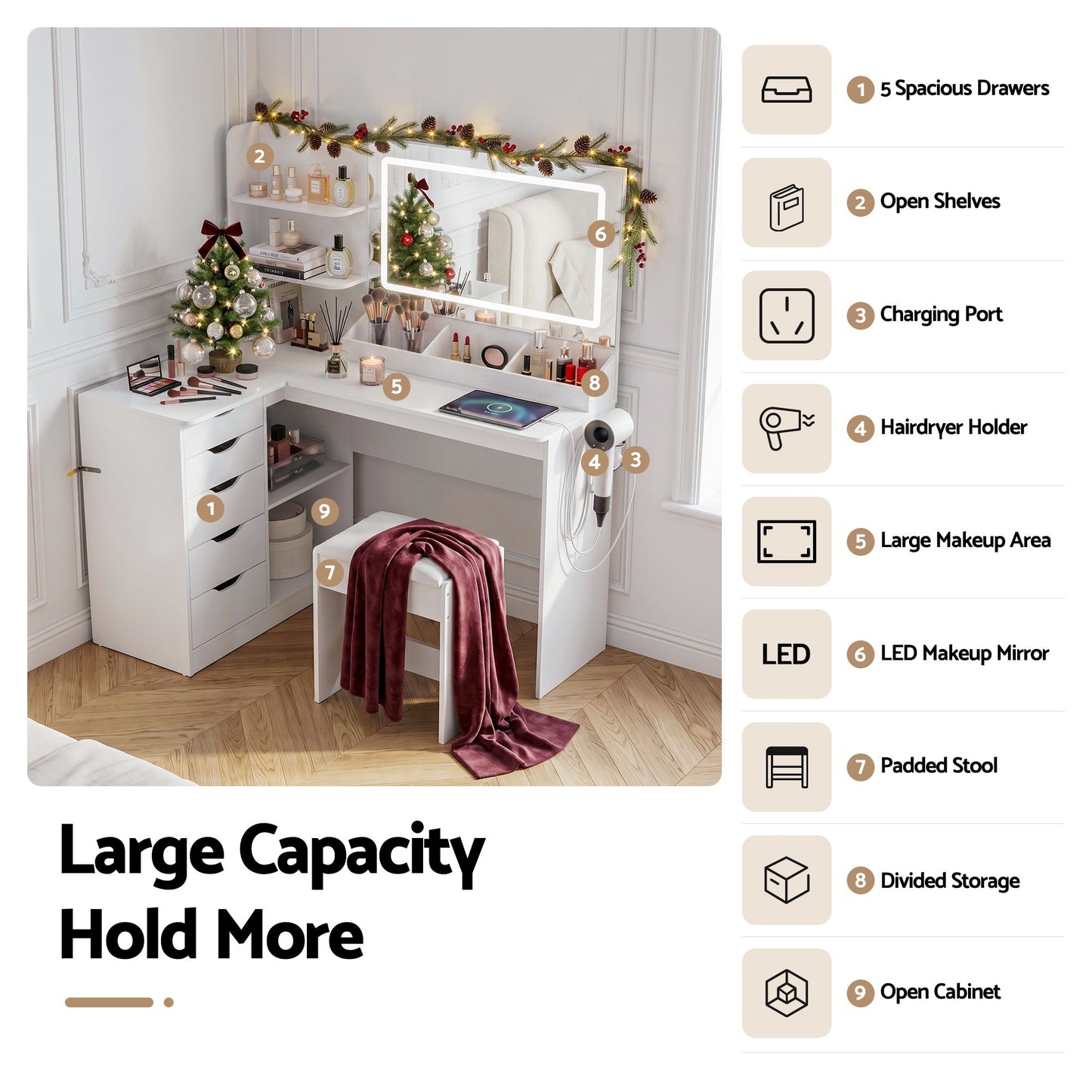 Artiss Dressing Table Corner Vanity Desk Set Stool LED Charging Station White