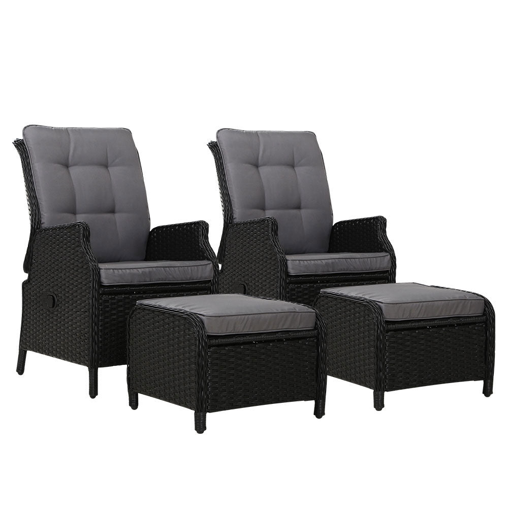 Gardeon 2PC Recliner Chair Sun lounge Wicker Lounger Outdoor Furniture Adjustable Black