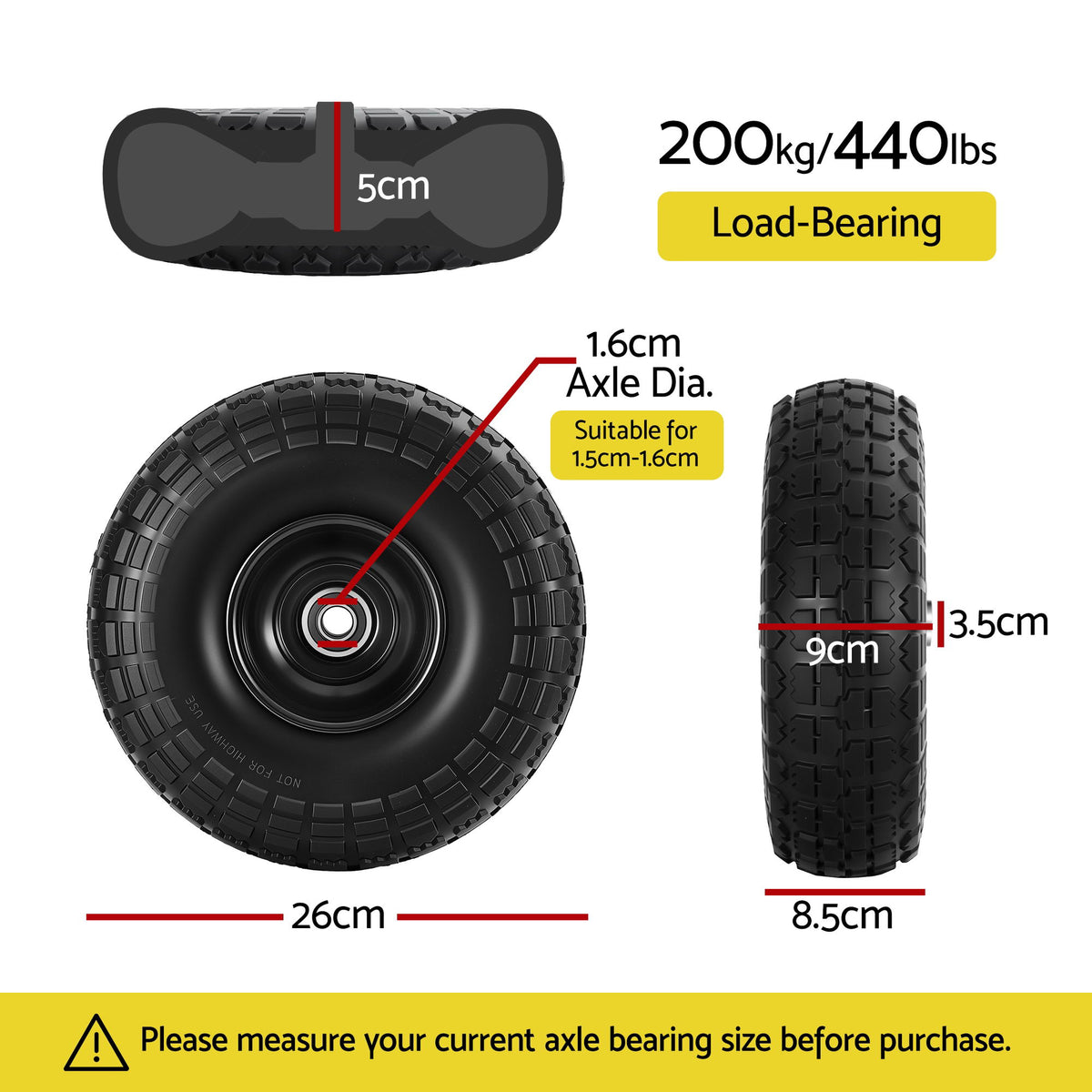 Gardeon 2pcs, 4.10/3.50-4 Tire And Wheel Flat Free, 26cm Solid Rubber Tires with 5/8 Axle Bore Hole And Double Sealed Bearings, Perfect for Wheelbarrow, Garden Cart, Wagon, Dolly