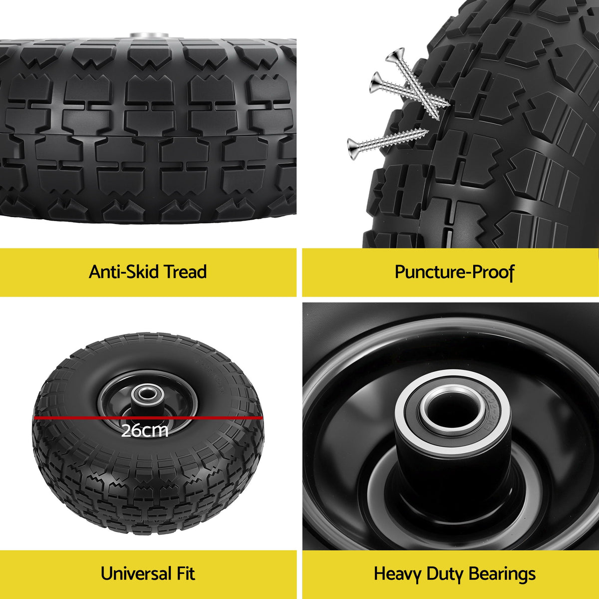 Gardeon 2pcs, 4.10/3.50-4 Tire And Wheel Flat Free, 26cm Solid Rubber Tires with 5/8 Axle Bore Hole And Double Sealed Bearings, Perfect for Wheelbarrow, Garden Cart, Wagon, Dolly