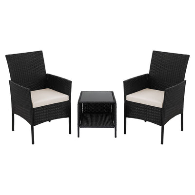 Gardeon 3PC Outdoor Bistro Set Patio Furniture Wicker Chairs Table Cushion All Black