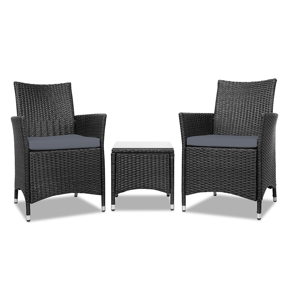 Gardeon 3PC Outdoor Bistro Set Patio Furniture Wicker Setting Chairs Table Cushion Black