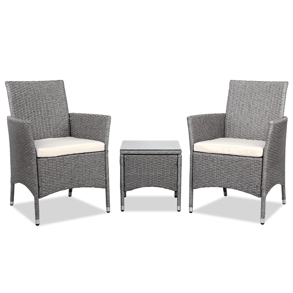 Gardeon 3PC Outdoor Bistro Set Patio Furniture Wicker Setting Chairs Table Cushion Grey