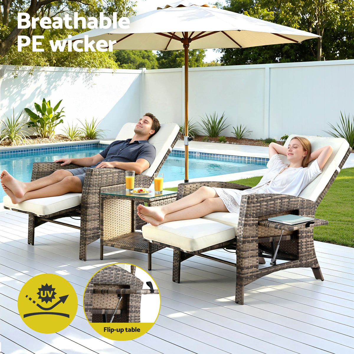 Gardeon 3PC Outdoor Bistro Set Recliner Chairs Table Sun lounge Patio Furniture Wicker Adjustable