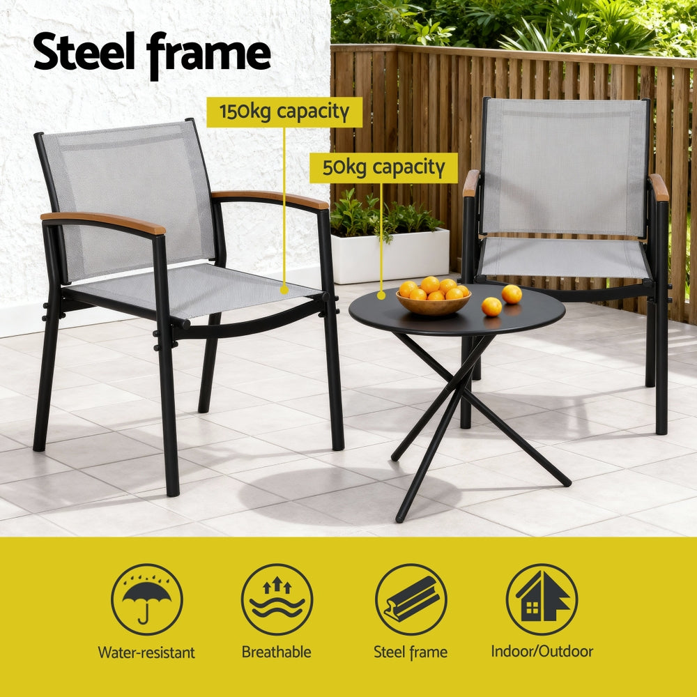 Gardeon 3PC Outdoor Bistro Set Table and Chairs Steel Dining Chair Patio Furniture Textilene