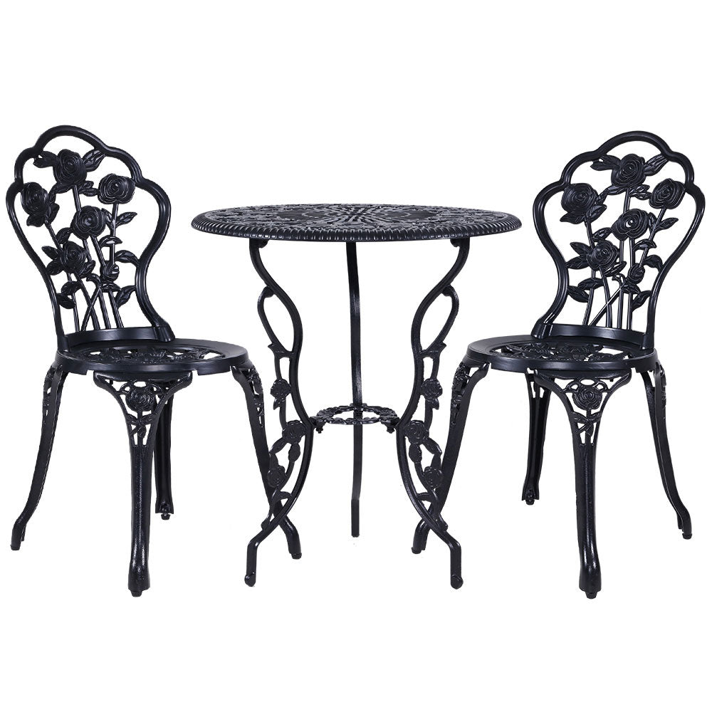Gardeon 3PC Outdoor Setting Bistro Set Chairs Table Cast Aluminum Rose Black