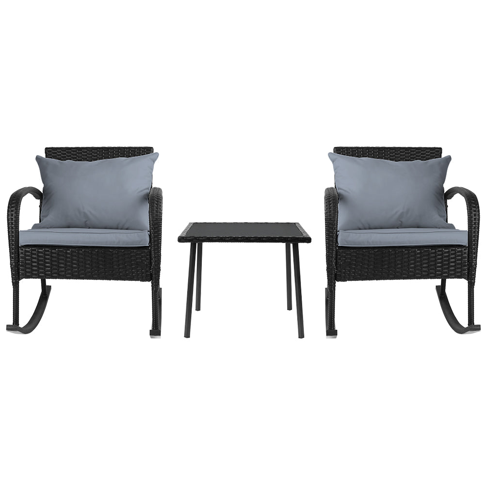 Gardeon 3PC Rocking Chair Table Wicker Outdoor Furniture Patio Bistro Set Black