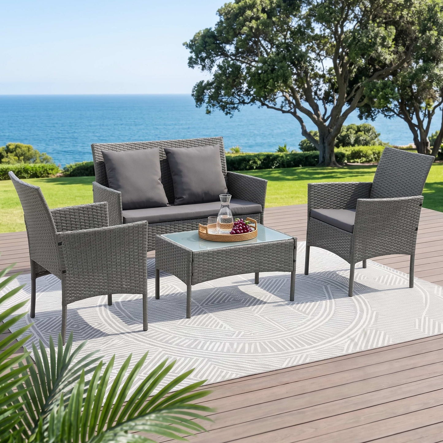 Gardeon 4-Piece Outdoor Sofa Set Rattan Furniture with Two Pillows Grey