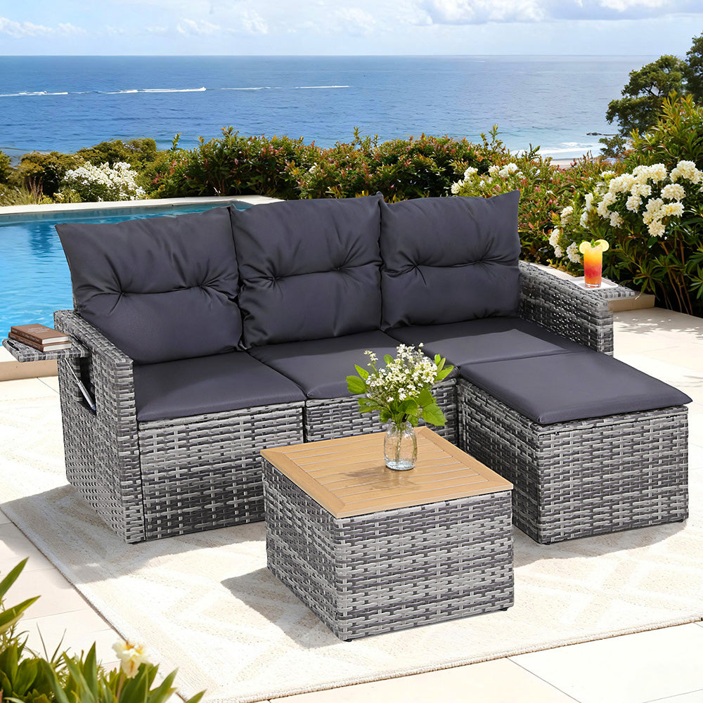 Gardeon 5 Pieces Outdoor Sofa Set 4-Seater Grey Rattan Patio Furniture Table and Chair Setting