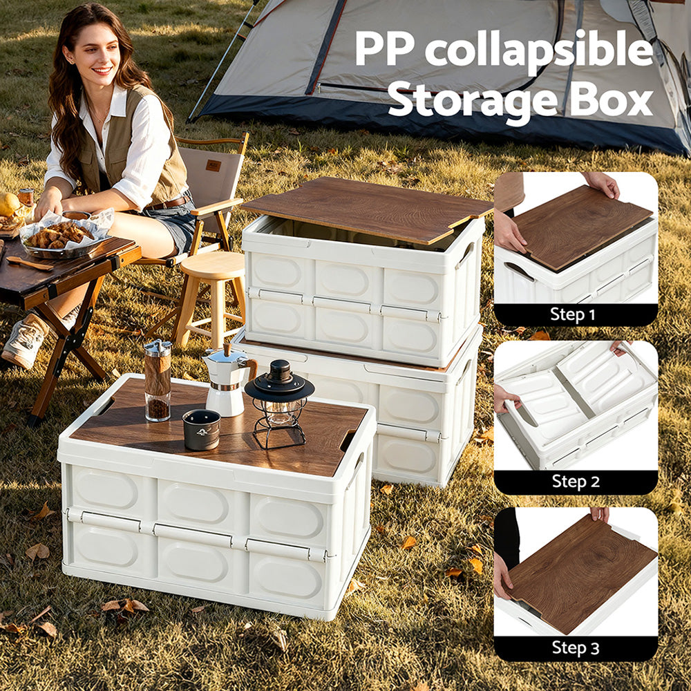 Gardeon Collapsible Outdoor Storage Box 50L Stackable Folding Camping Organizer Plywood Lid Beige