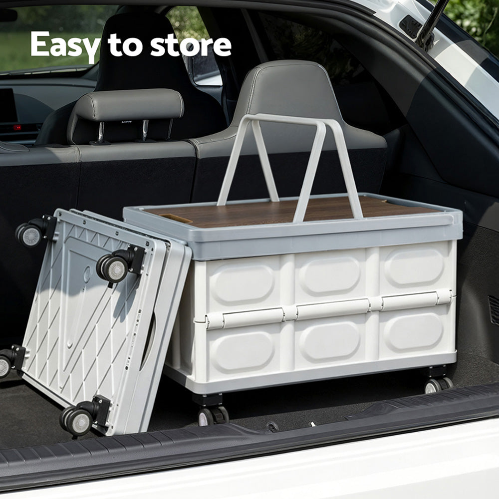 Gardeon Collapsible Outdoor Storage Box 54L Stackable Folding Camping Organizer Wheels Plywood Lid Beige