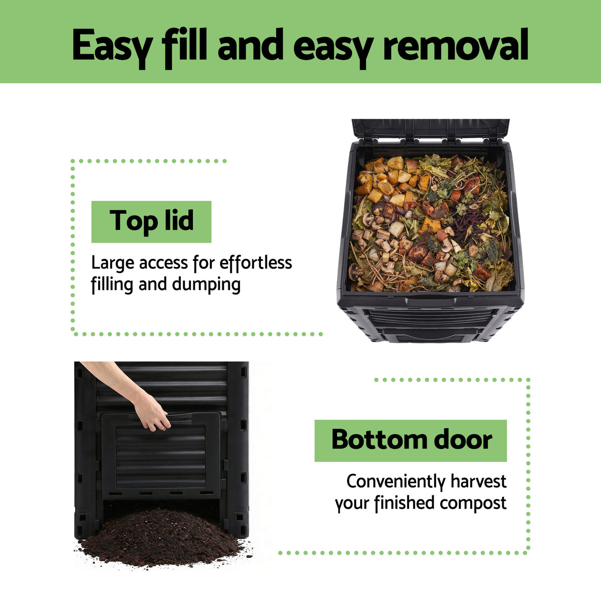 Gardeon Compost Bin 300L Heavy-Duty Black Outdoor Composter with Top Lid Bottom Door