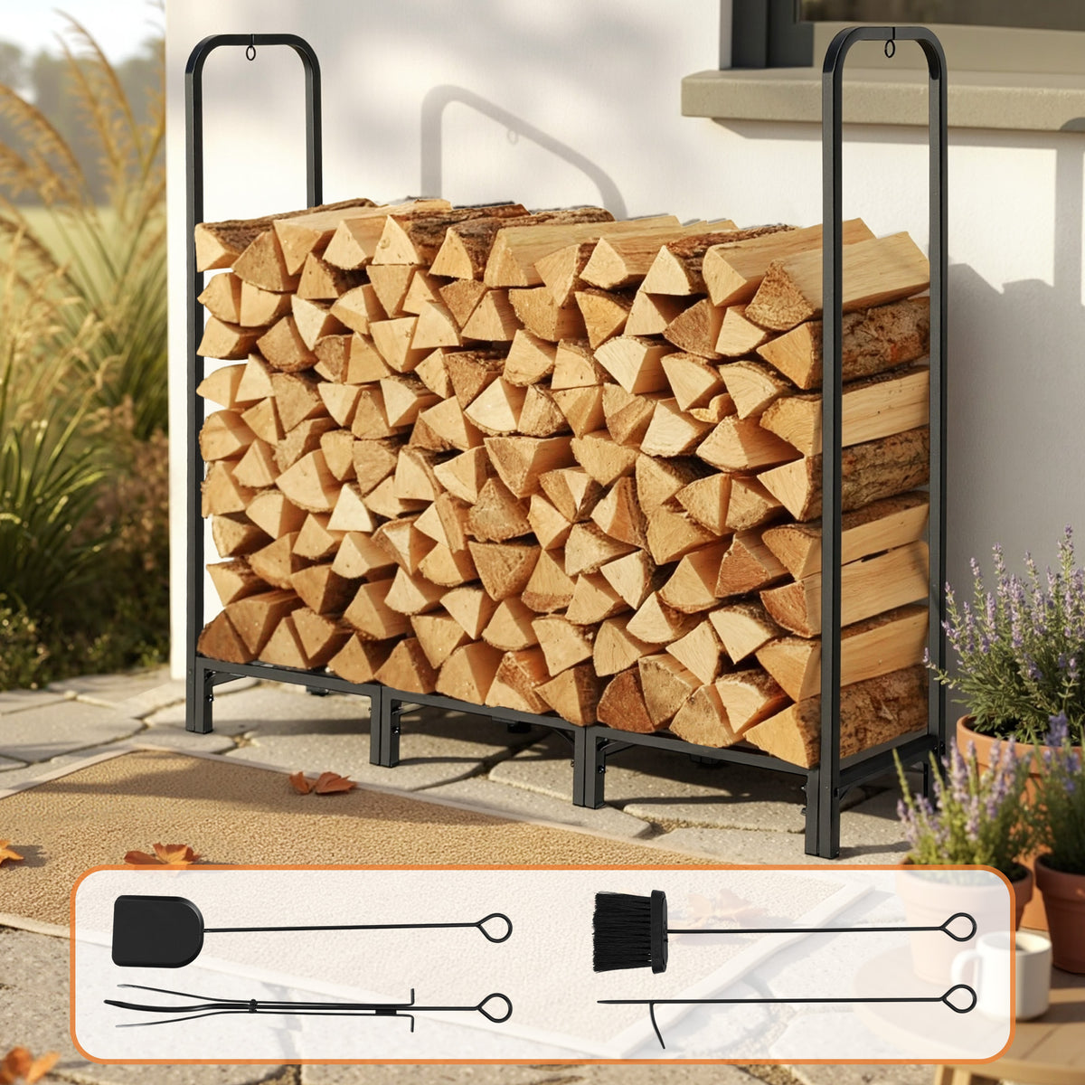 Gardeon Firewood Rack 120cm Wood Rack 3 Sizes Firewood Storage with Tools Black