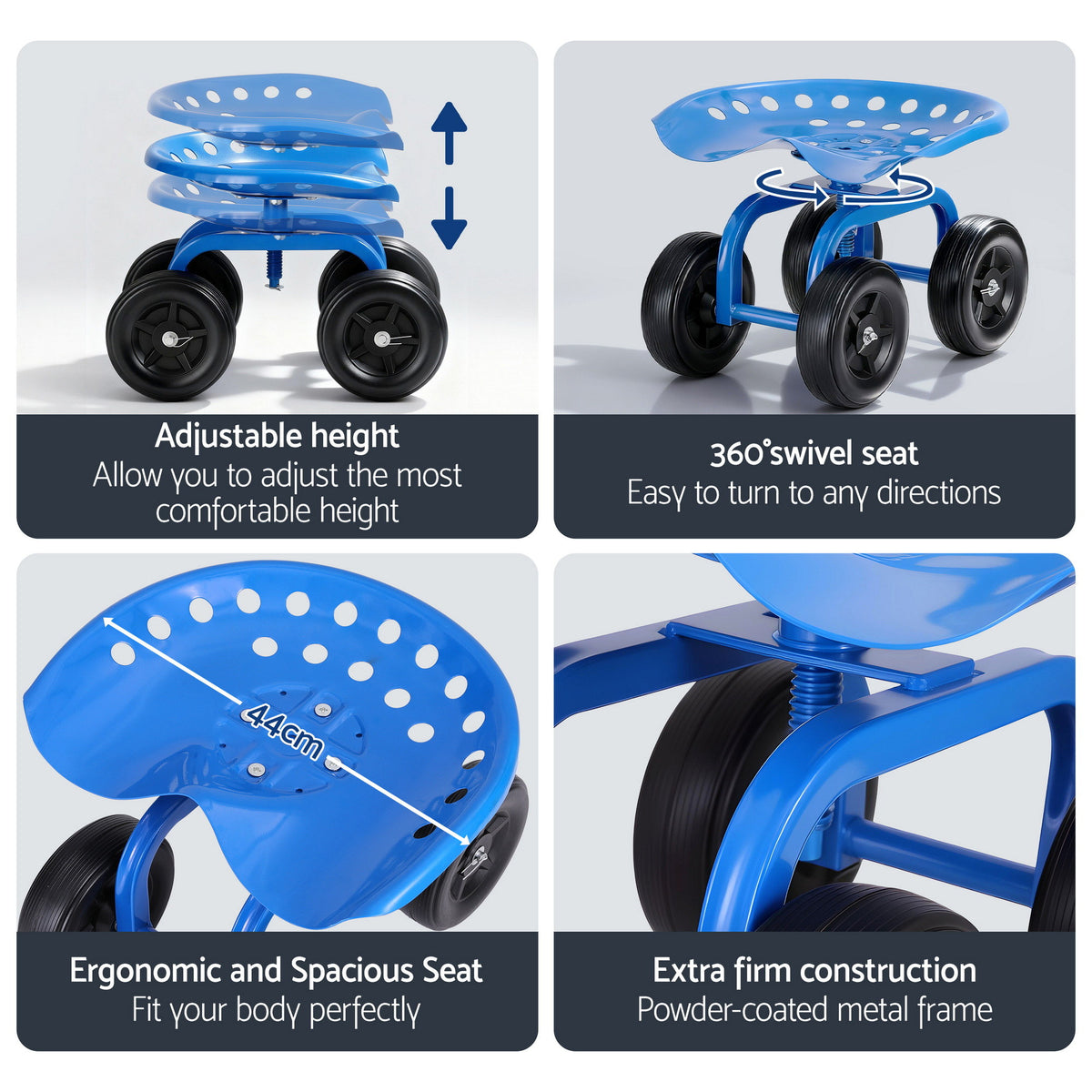 Gardeon Garden Seat 360 Swivel Rolling Adjustable Height Work Scooter Cart Wheels Heavy Duty 150kg