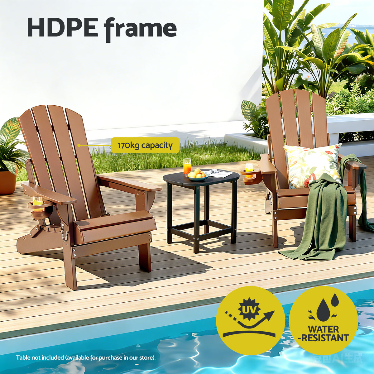 Gardeon Outdoor Chairs Folding Adirondack Beach Chair HDPE Sun Lounge Patio Furniture Garden Brown