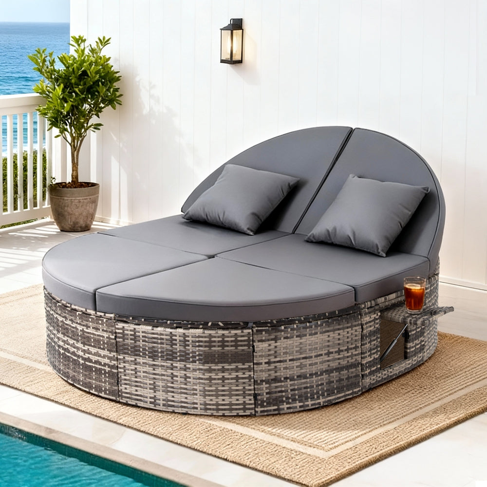 Gardeon Outdoor Day Bed Sun Lounge Setting Wicker Lounger Patio Furniture w/ Retractable Side Tray