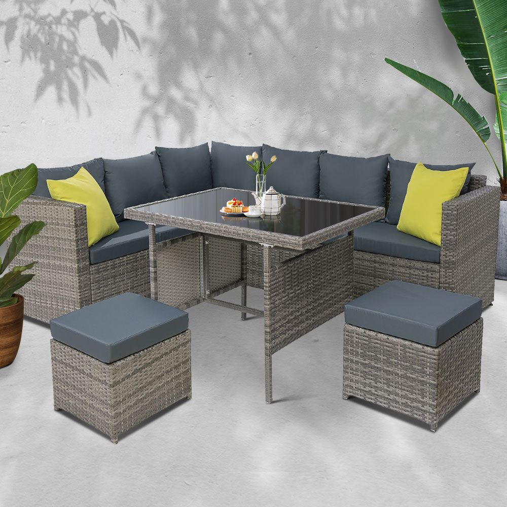 Gardeon Outdoor Dining Set Aluminum Table Chairs Wicker Setting Grey