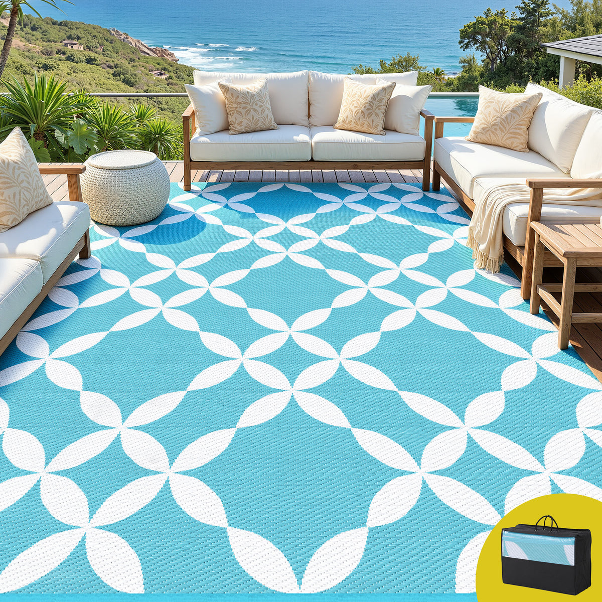 Gardeon Outdoor Rugs 274x366cm Large Carpet Reversible Area Mat PP Dual-Sided Patio Rug Light Blue