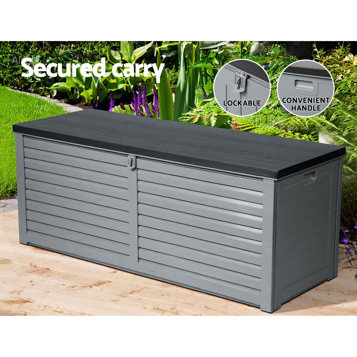 Gardeon Outdoor Storage Box 390L Container Lockable Garden Bench Tools Toy Shed Black