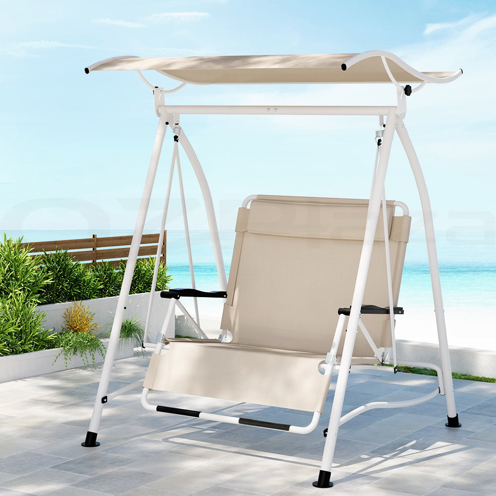 Gardeon Outdoor Swing Chair Garden Lounger Furniture Canopy 2 Seater Beige