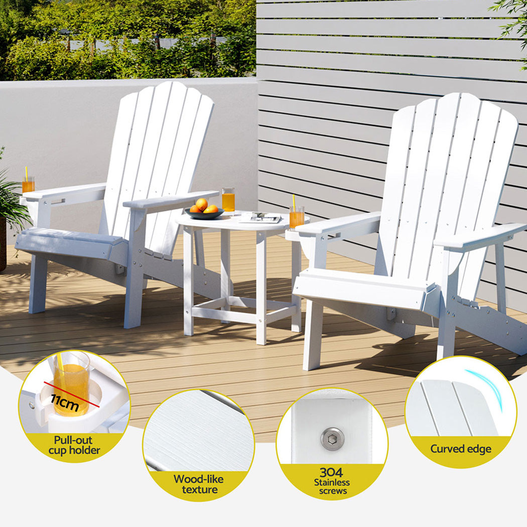 Gardeon Outdoor Table and Chairs HDPE Adirondack Beach Chair Sun Lounge Patio Furniture Garden White