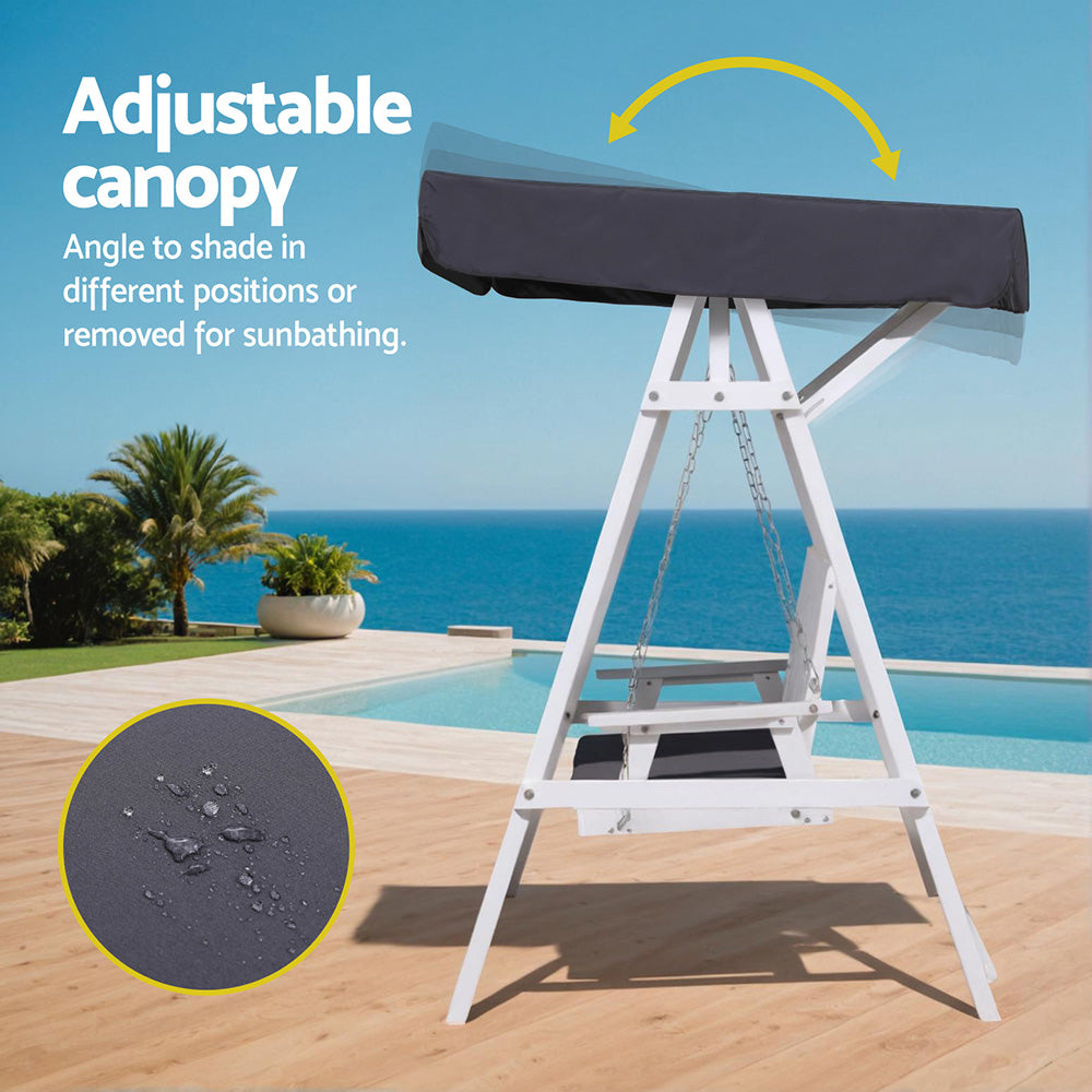 Gardeon Outdoor Wooden Swing Chair Garden Bench Canopy Cushion 3 Seater White