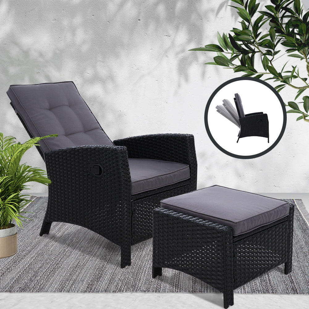 Gardeon Recliner Chair Sun lounge Wicker Lounger Outdoor Patio Furniture Adjustable Black