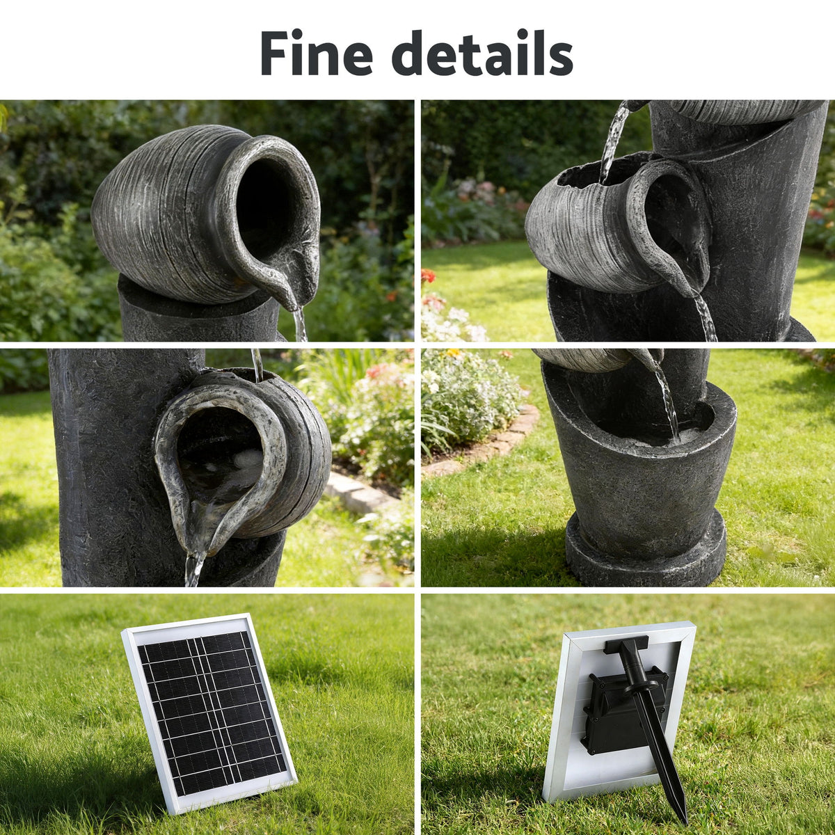 Gardeon Solar Fountain Water Feature Cascading Fountain 3-Tier Pot LED Lights 80CM Grey