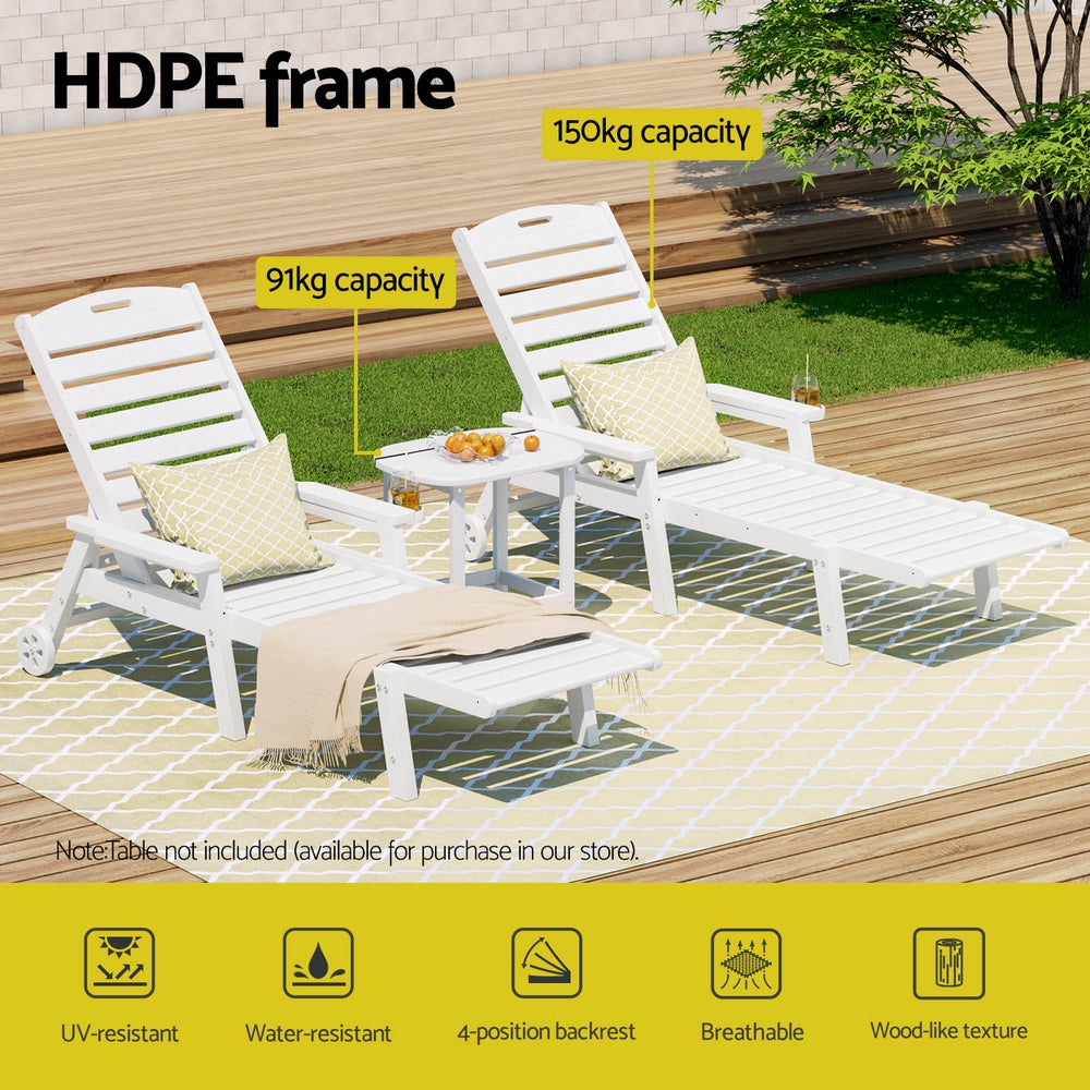 Gardeon Sun Lounge Lounger Beach Chair HDPE Patio Outdoor Furniture with Wheels White