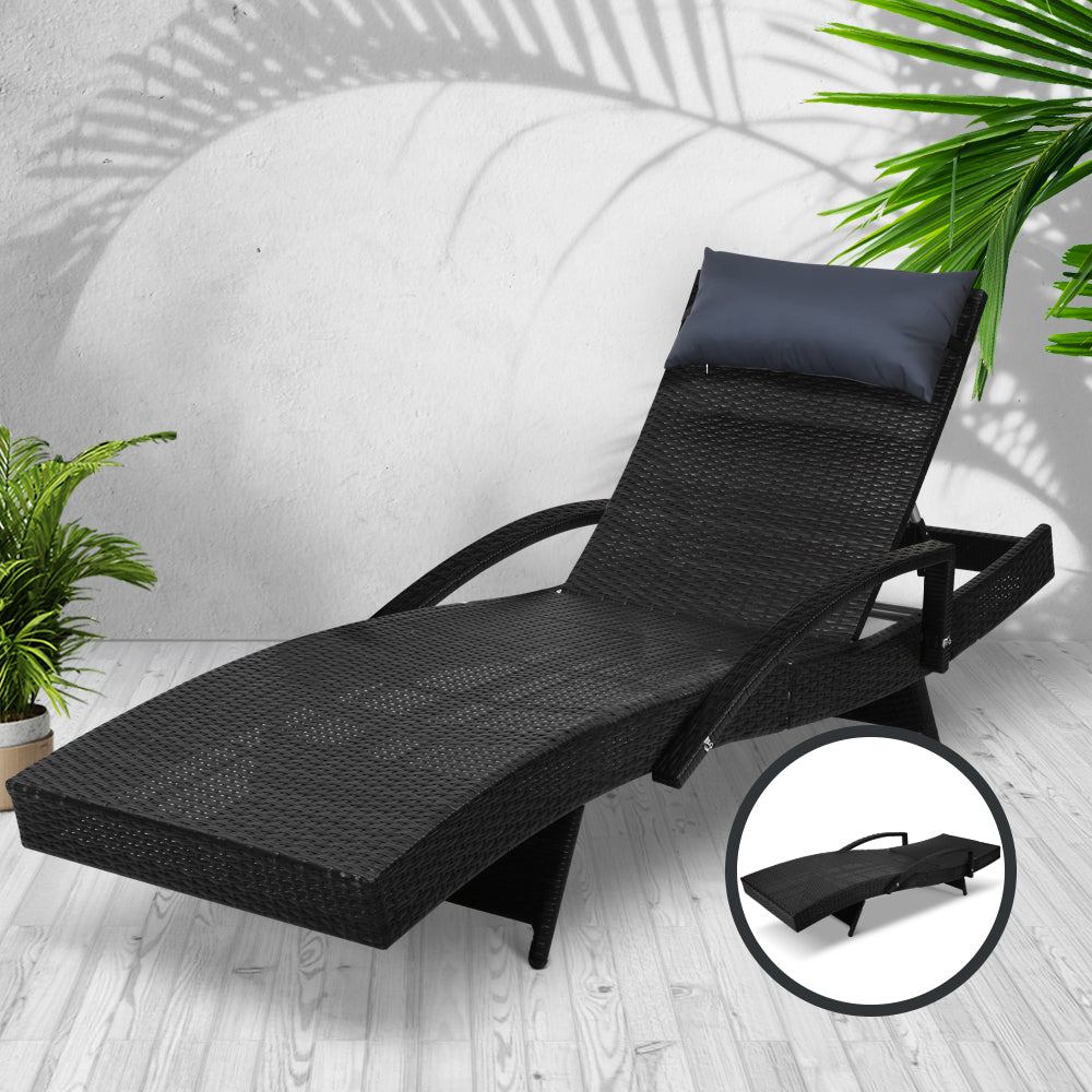 Gardeon Sun Lounge Wicker Lounger Outdoor Furniture Beach Chair Armrest Adjustable Black