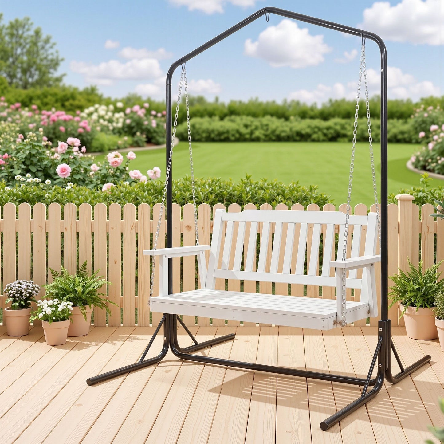 Gardeon Wooden 2-Seater Outdoor Swing Chair with Black Stand White Hanging Chair