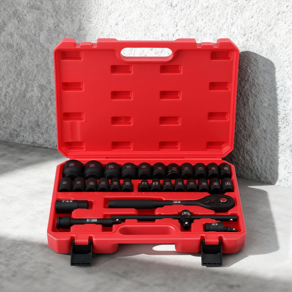 Giantz 30Pc 1/2" Drive Socket Set Cr-V Steel 8-32mm Workshop Repair