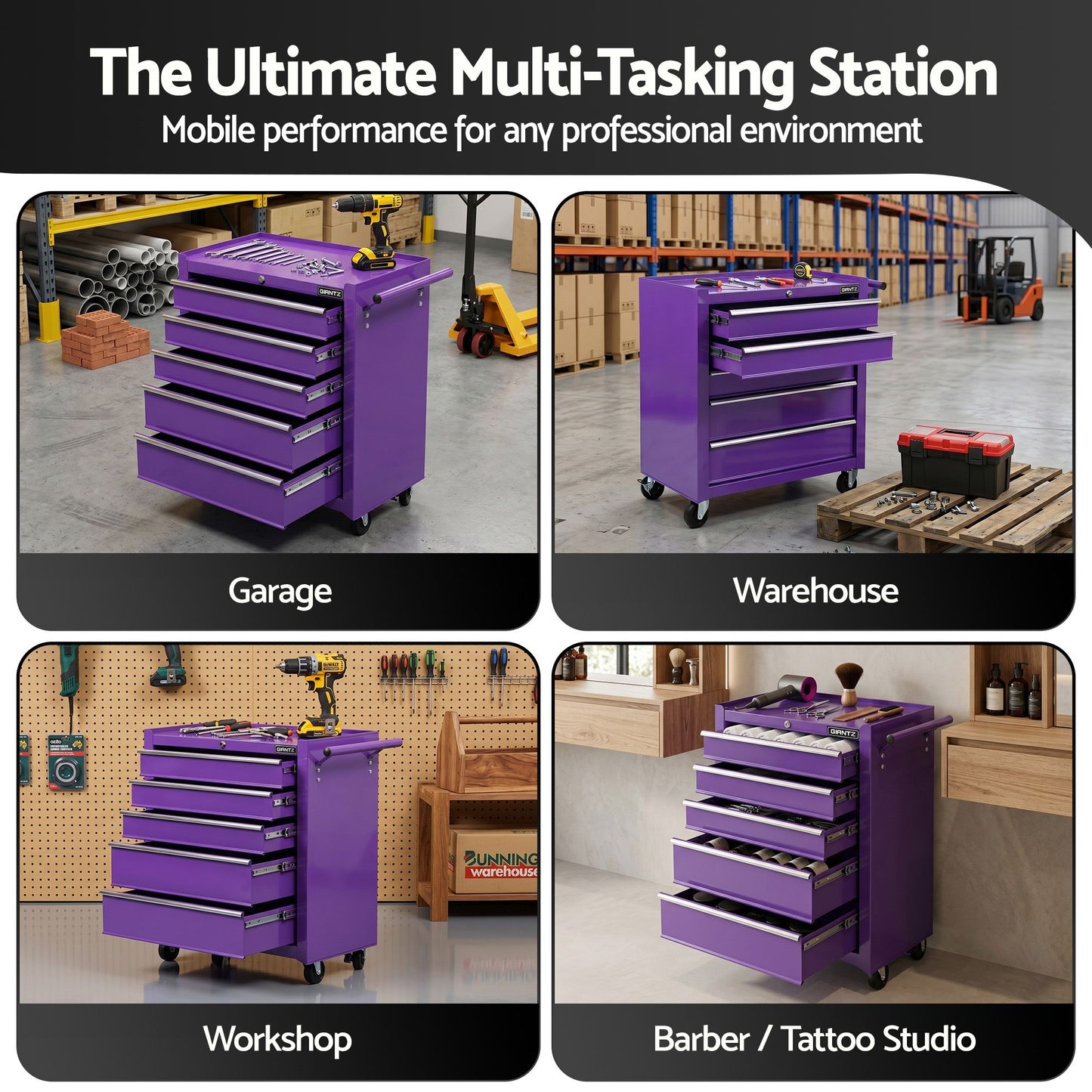 Giantz 5 Drawer Tool Chest Trolley Cabinet Toolbox Heavy Duty Garage Storage Organiser Purple