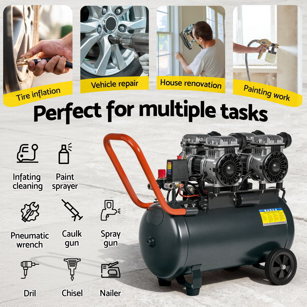 Giantz 50L Air Compressor Quiet 3.0HP Oil-Free Portable Tyre Inflator 200L/Min