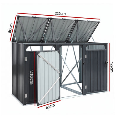 Giantz Bin Shed Triple Wheelie Waste Bins Storage Steel Garden Enclosure Grey