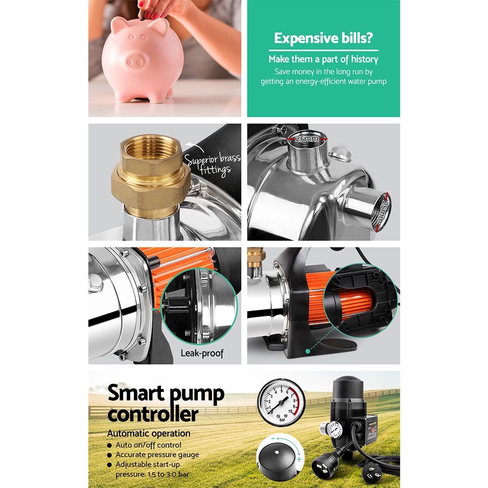 Giantz Garden Water Pump 1500W Max. High Pressure Tank Rain Farm Irrigation Black