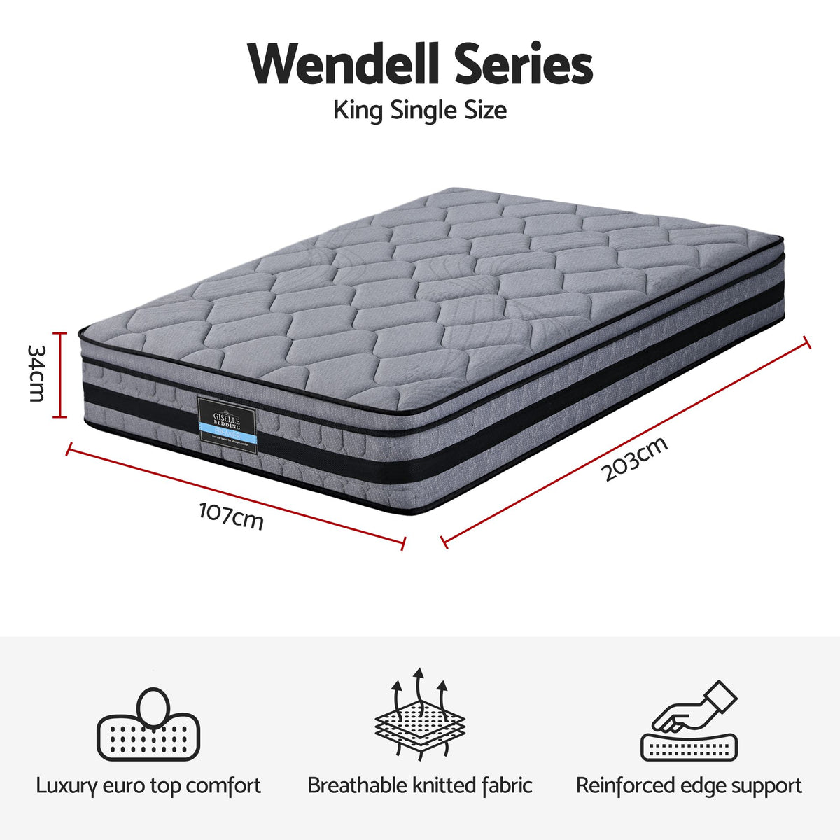 Giselle Bedding 34cm King Single Mattress Hybrid, Pocket Spring Bed Mattress