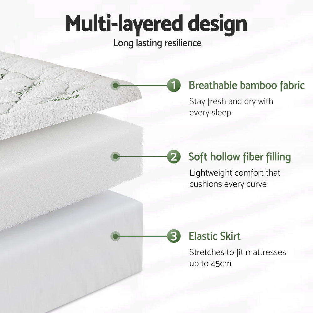 Giselle Bedding 5cm Pillowtop Mattress Topper 1000GSM Thick Soft Bamboo Cooling Pad for Back Pain Relief & Guest Bed, Washable Overfilled Cover with 45cm Deep Pocket King Single