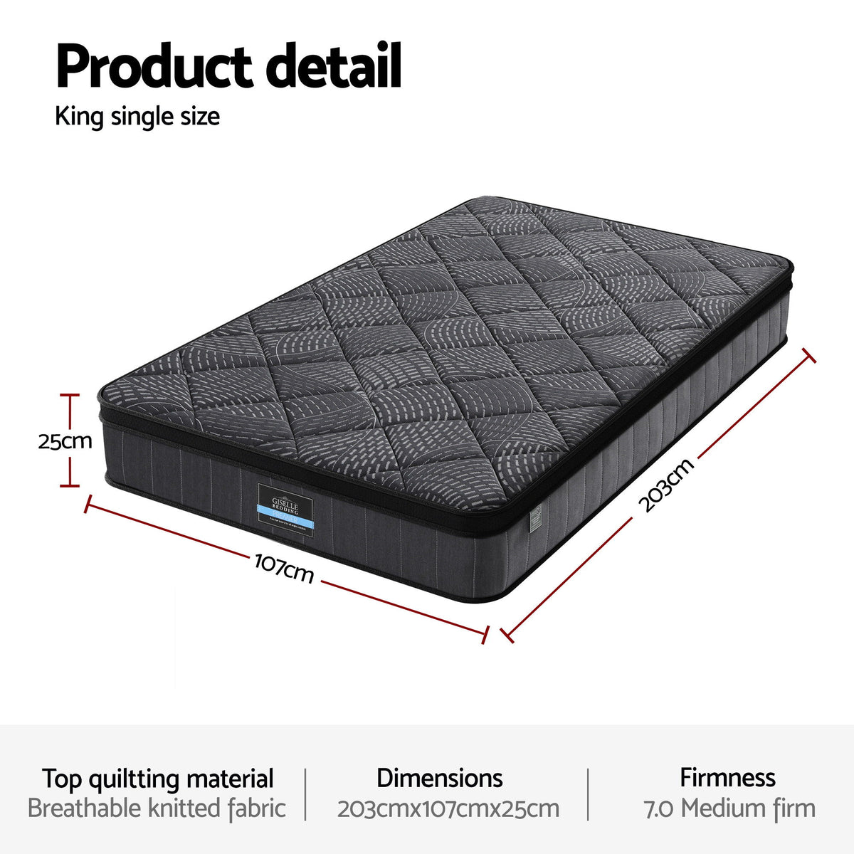 Giselle Bedding King Single Mattress 25cm Pocket Spring Latex Euro Top Medium Firm Bed