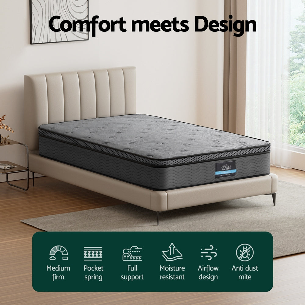 Giselle Bedding King Single Mattress 26cm Enhanced 6-turn Pocket Spring for Isolate Motion with Reinforced Edge Support