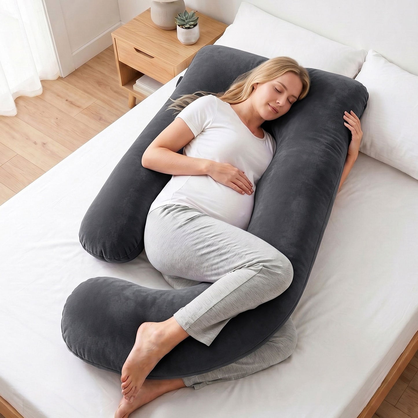 Giselle Bedding Pregnancy Pillow G-Shaped Full Body Pillow for Back and Belly Support Maternity Pillow with Removable Cover, Dark Grey 135x70 cm