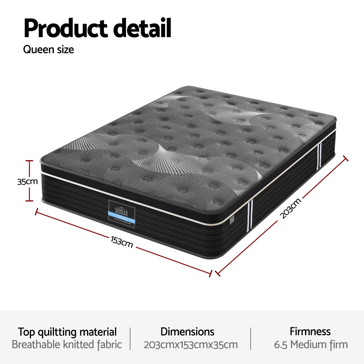 Giselle Bedding Queen Mattress 35cm Euro Top with Graphene Cooling Comfort Medium Firm