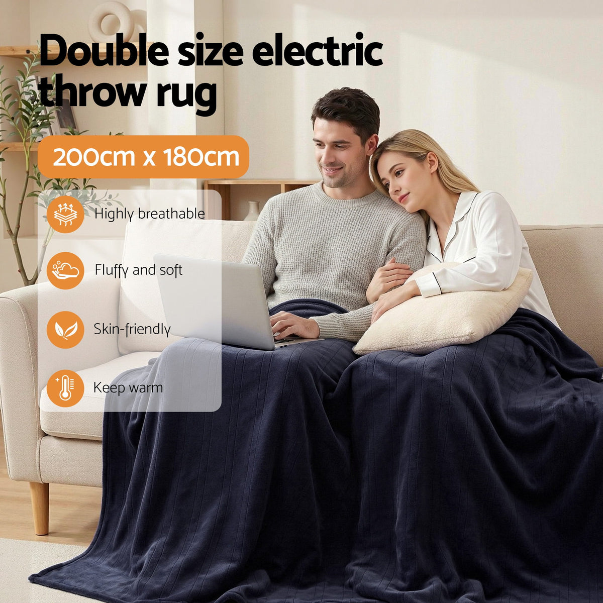 Giselle Electric Throw Rug Double Size 200x180cm Coral Fleece Heated Blanket Charcoal