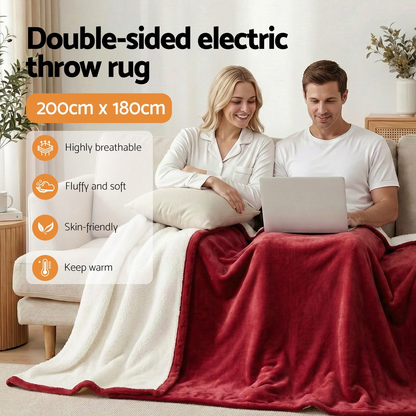 Giselle Electric Throw Rug Double Size 200x180cm Fleece Flannel Heated Blanket Burgundy