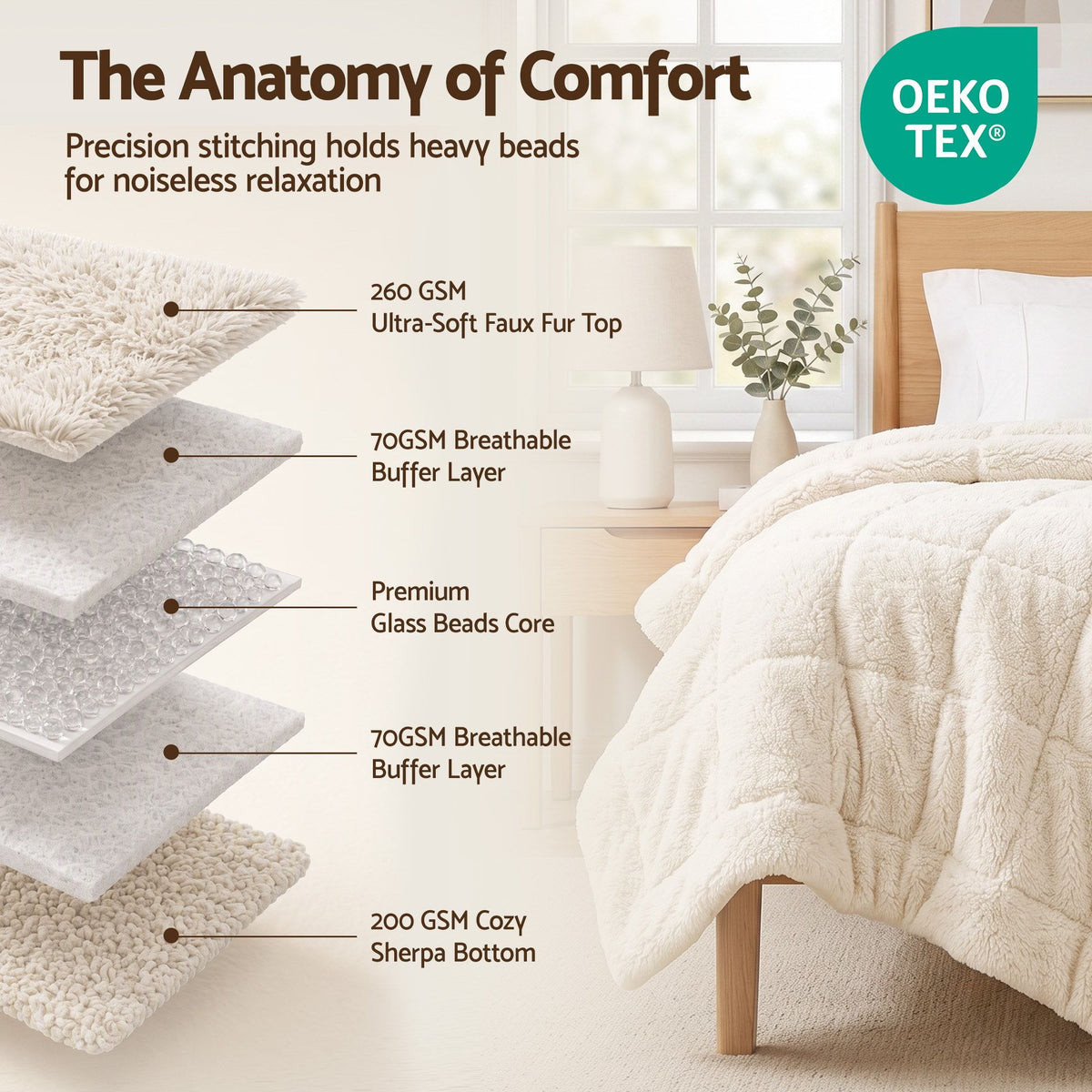 Giselle Faux Fur Weighted Blanket 2 Sided Long Pile Sherpa Reverse Cream 6.8KG 120 x 180cm