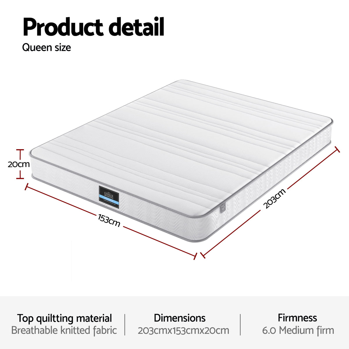Giselle Queen Mattress 20cm with Reinforced Edge Support Egg-Crate Foam