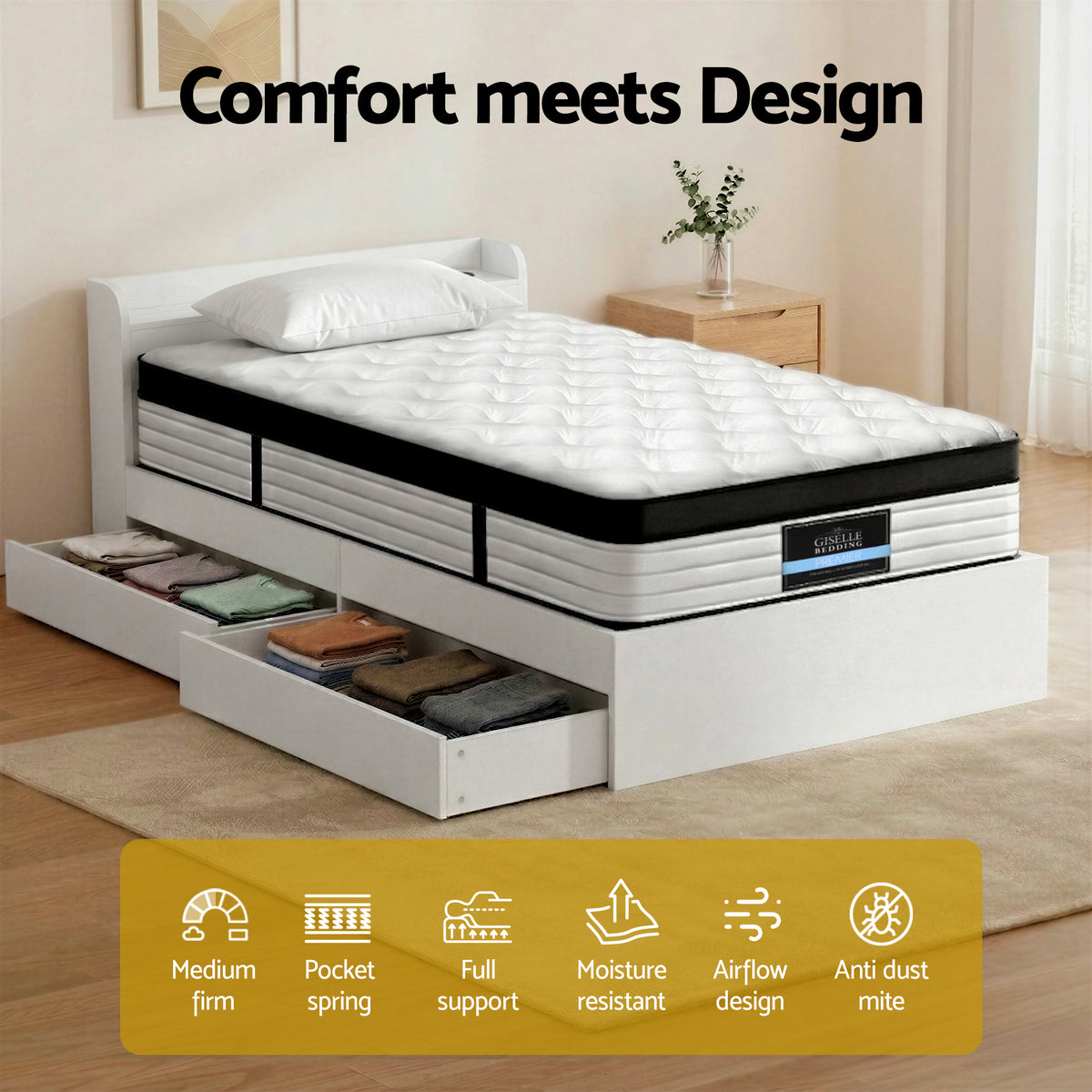 Giselle Single Mattress 5-zone Pocket Spring Mattresses with Artiss Wooden Storage Bed Frame Set