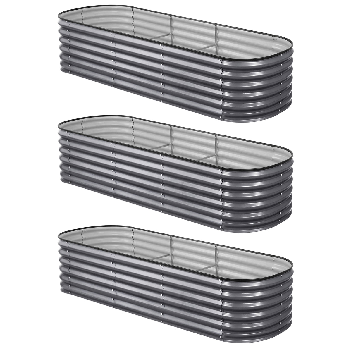 Green Fingers 3 Pcs Raised Garden Bed Kit Oval Galvanized Steel Planter Boxes 240x80x56cm, Heavy Duty Metal Elevated Garden Bed for Vegetables Flowers Herbs, with Safety Edging, Gloves & Pegs Included