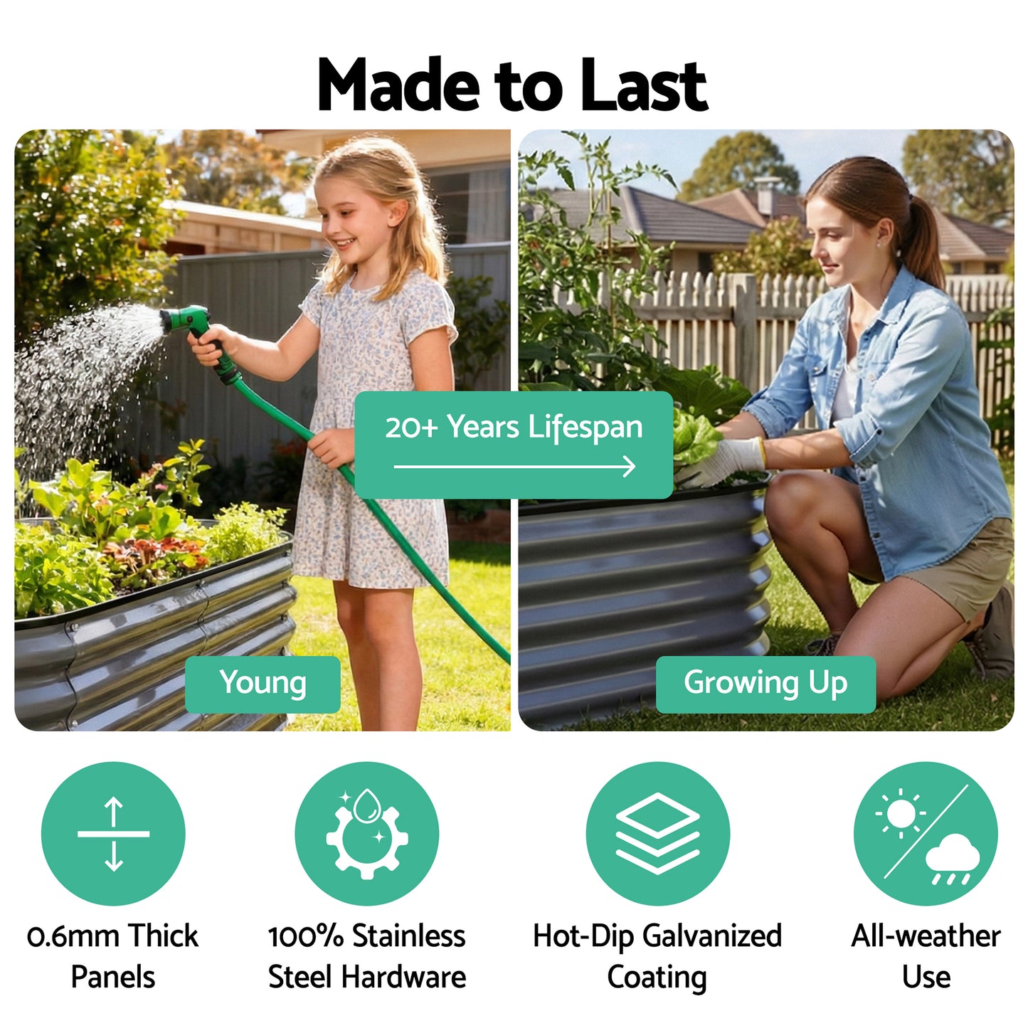 Green Fingers 3 Pcs Raised Garden Bed Kit Oval Galvanized Steel Planter Boxes 320x80x56cm, Heavy Duty Metal Elevated Garden Bed for Vegetables Flowers Herbs, with Safety Edging, Gloves & Pegs Included